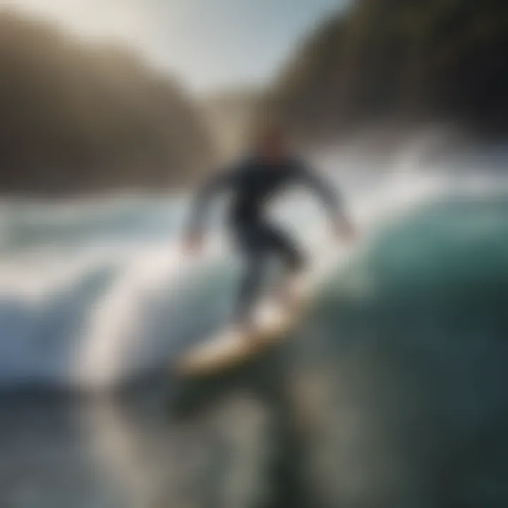 A surfer riding a wave on a soft top surfboard