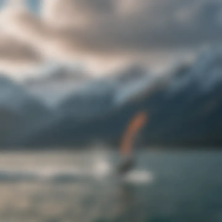 Kiteboarding in action against the backdrop of Alaskan mountains