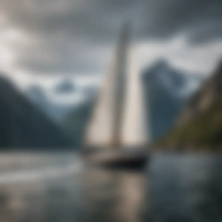 Sailboat navigating through Alaskan fjords with strong winds pushing its sails