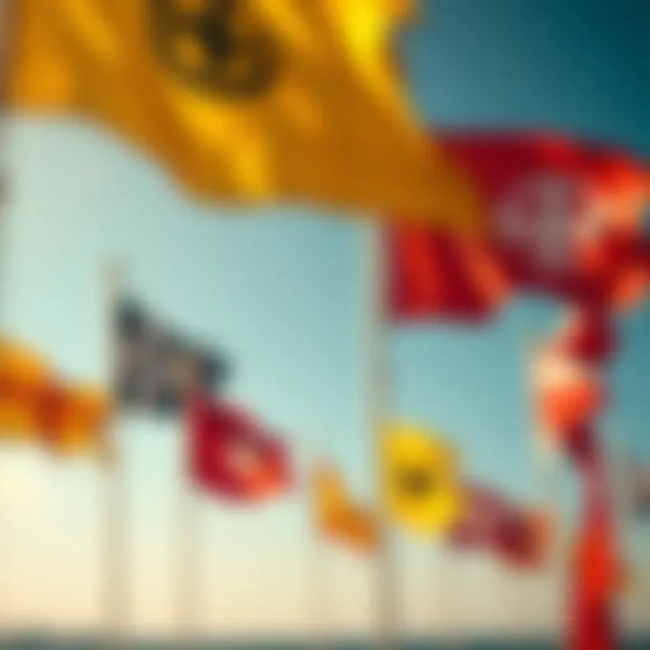 A close-up view of various ship signal flags fluttering in the breeze