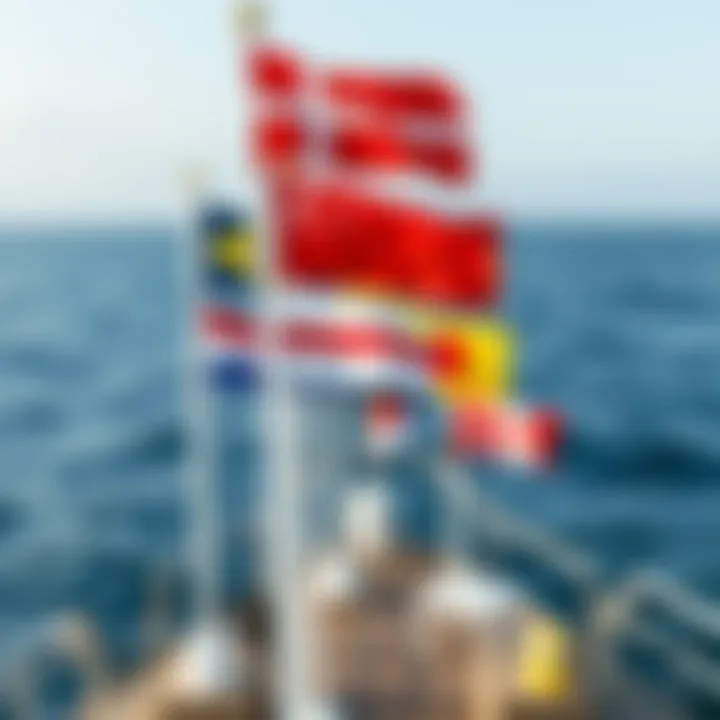 An illustration showing the international code of signals with corresponding flags