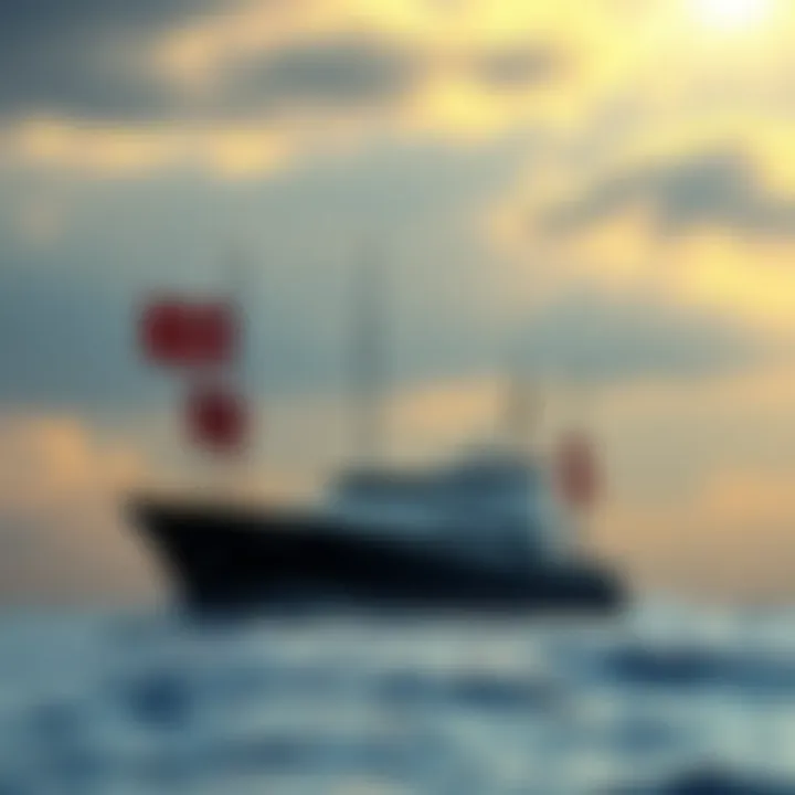 A dramatic seascape featuring a ship displaying signal flags