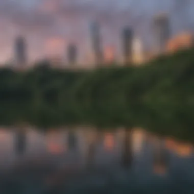 Downtown Austin skyline reflecting in the calm waters of Lady Bird Lake