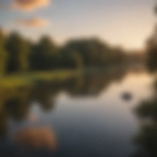 Aerial view of the tranquil Lady Bird Lake at sunset