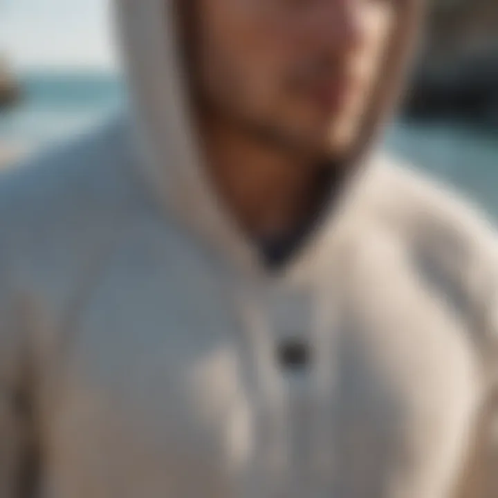 Close-up of the high-quality stitching details on the Baja Beach Hooded Sweater