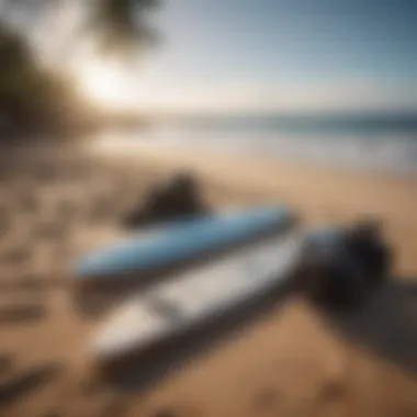 Essential surfing gear laid out on the sandy beach, ready for adventure.