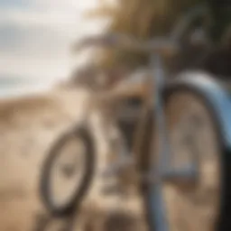 Surfboard rack mounted on beach cruiser bike