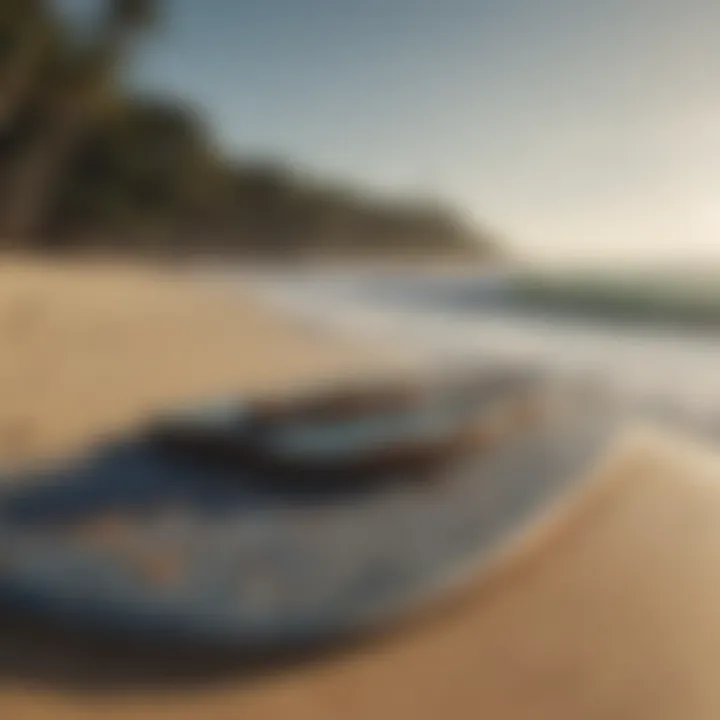 A serene beach setting with carve corduroy shorts hanging on a surfboard