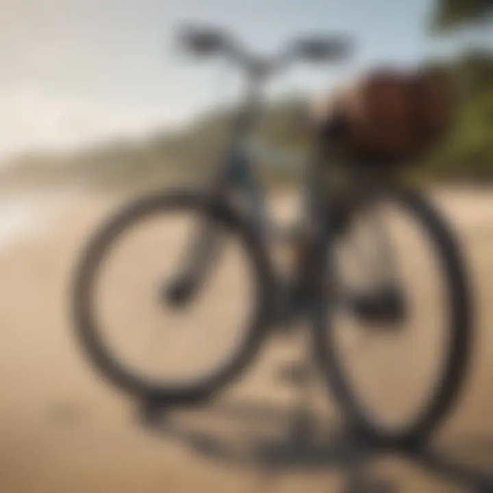 A scenic beach view with bicycles and surfboards ready for adventure