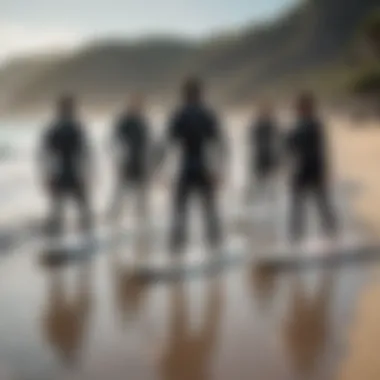 A group of beginners listening to an instructor on the beach, ready to learn surfing techniques.