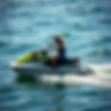 A beachgoer enjoying a jet ski ride in sparkling ocean waters.