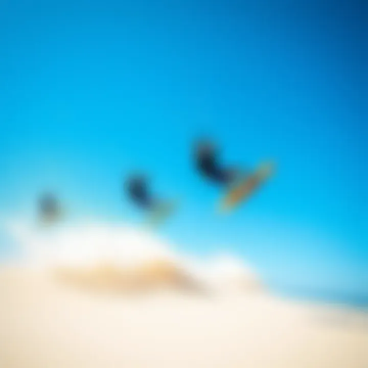 Kitesurfers showcasing their skills against a bright blue sky.