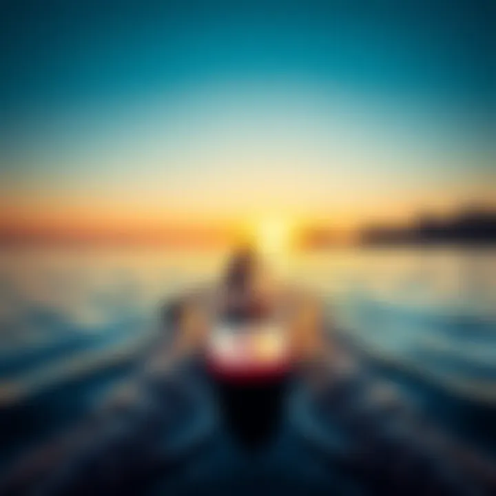 A colorful paddleboarder gliding across calm waters at sunset.