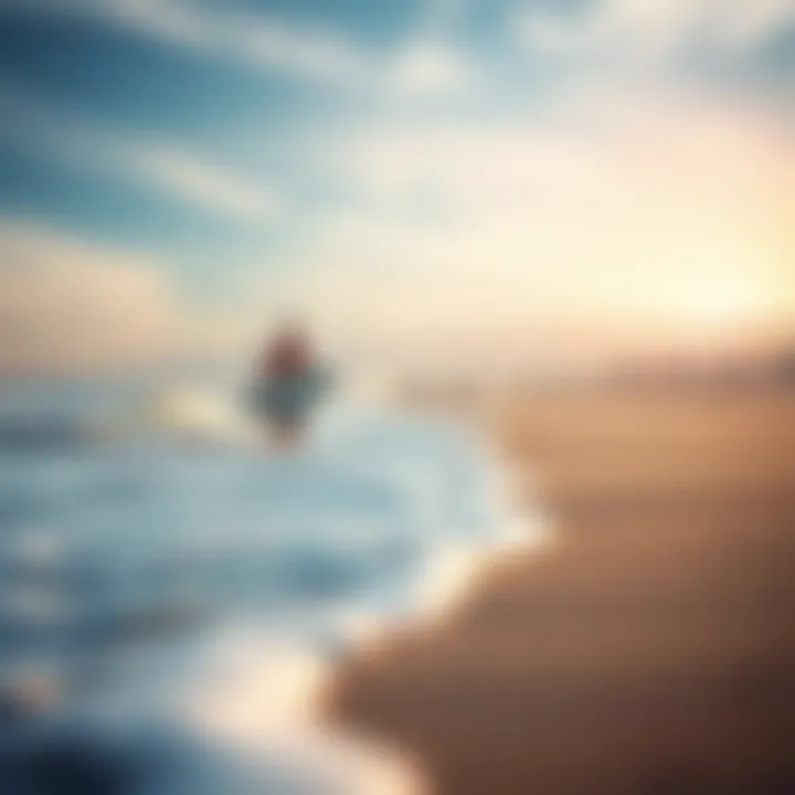 A scenic view of a sandy beach with surfers catching waves.