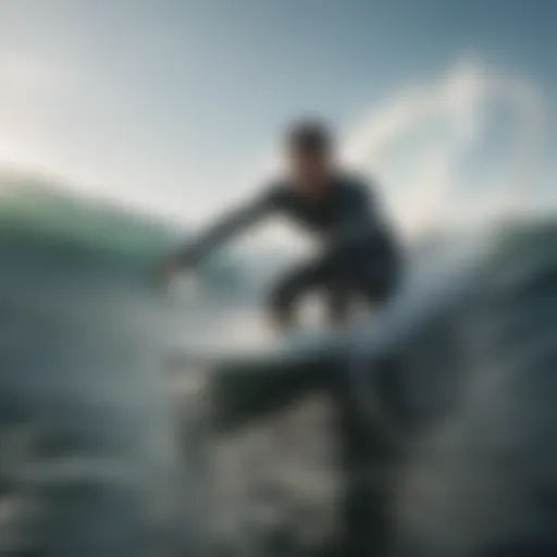 Surfer wearing gloves while catching a wave