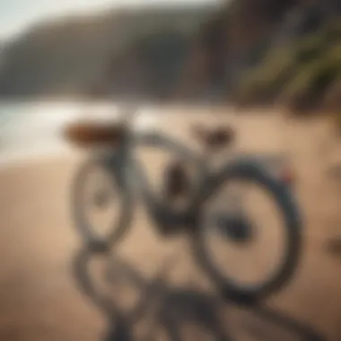 A bicycle with a surfboard rack traveling along a scenic coastal road.