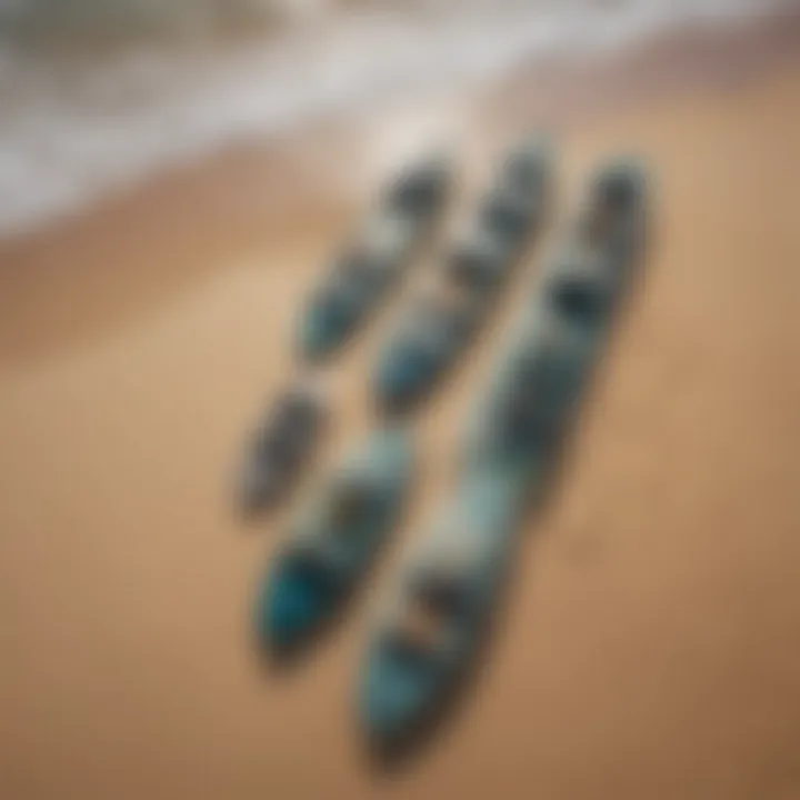 Aerial view of multiple big lizard body boards lined up on a sandy beach