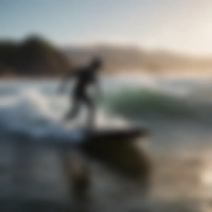 Silhouette of a skilled rider carving waves with a big lizard body board