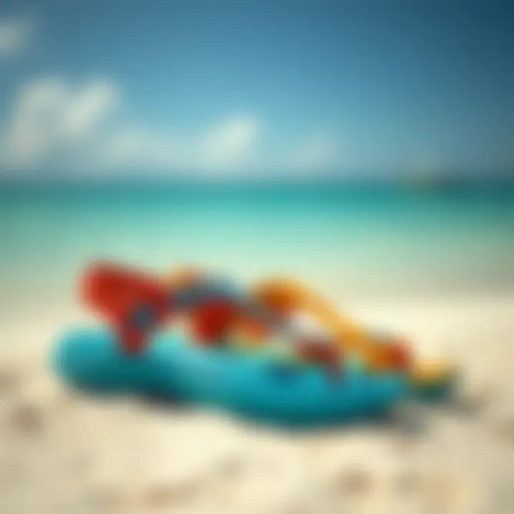 Stylish selection of Billabong sandals on a beach background