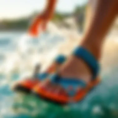 Dynamic display of Billabong sandals in a water sports setting