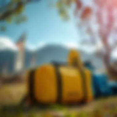 A vibrant outdoor setting with bodyboarding bags ready for transport, emphasizing portability.