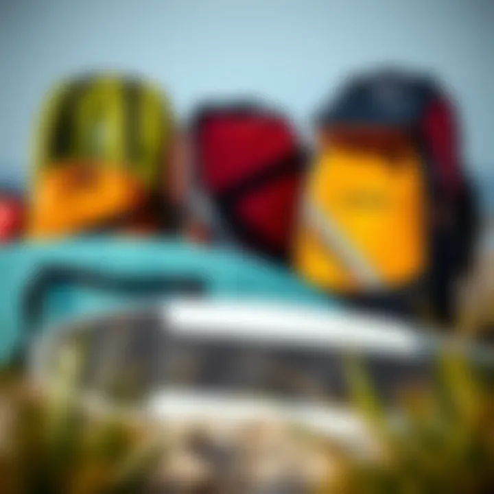 Different styles of bodyboarding bags arranged aesthetically, illustrating variety in design.