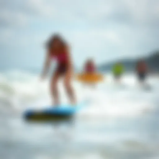 Beach Boogie Boarding Adventure A vibrant beach scene featuring boogie boarders catching waves