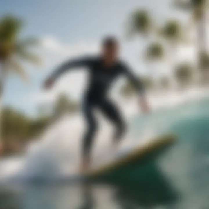 Surfer catching a wave at BSR Surf Resort with palm trees in the background