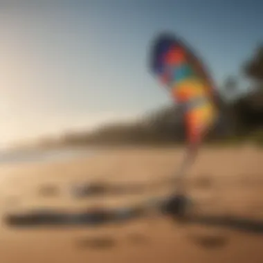 Different types of kites laid out on a sandy beach