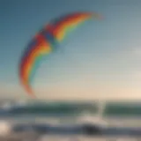 A vibrant kite soaring high above the ocean waves