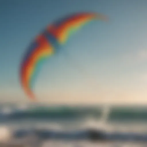 A vibrant kite soaring high above the ocean waves