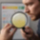 Person holding a magnifying glass looking at a urine color chart