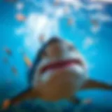 A vibrant underwater scene showcasing a shark attracted by chumming.