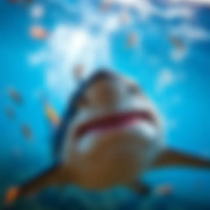 A vibrant underwater scene showcasing a shark attracted by chumming.