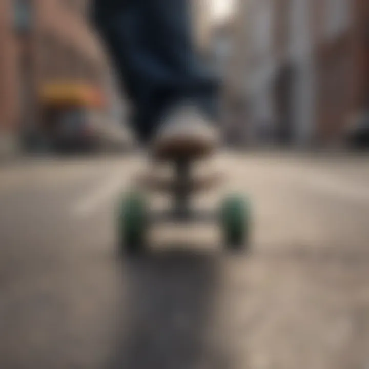 Close-up of skateboard deck during an ollie maneuver