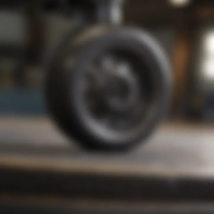 Close-up of skateboard trucks and wheels in workshop