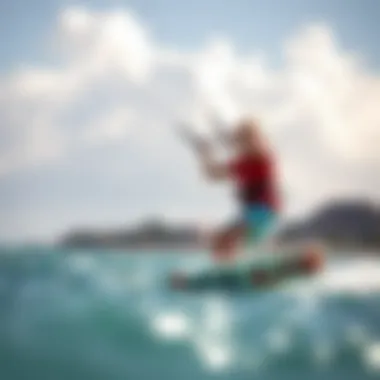 A thrilling moment captured during a kite surfing session at Coconut Bay, illustrating the excitement of watersports.