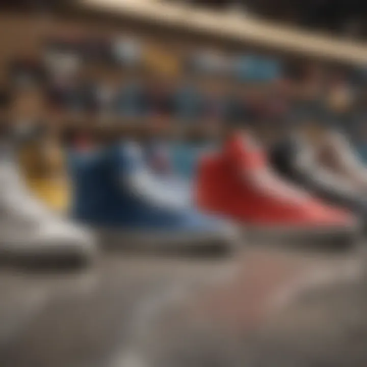 A collection of low profile skate shoes lined up, highlighting different colors and styles.