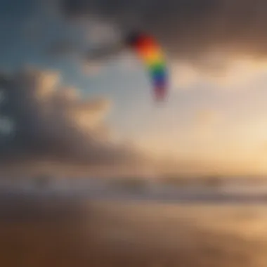 Colorful kite soaring high against a backdrop of windy skies