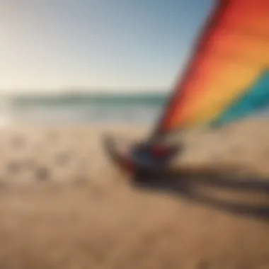 Colorful kite surfing gear laid out on sandy beach