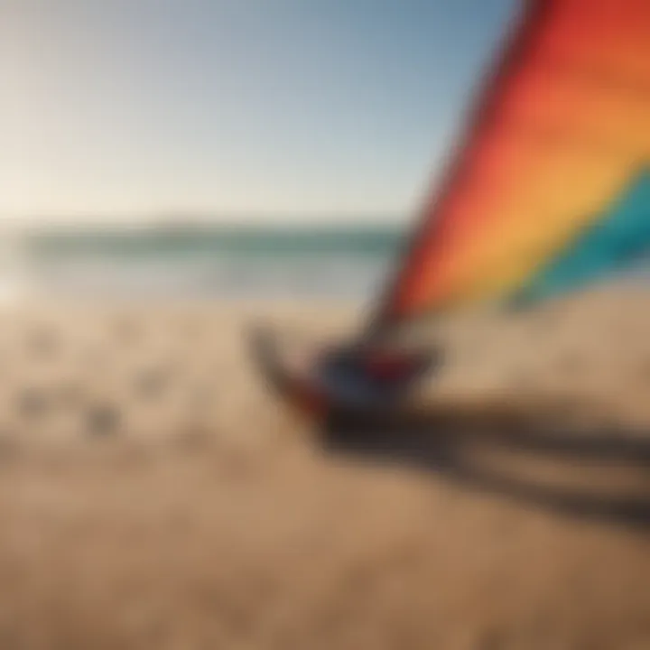 Colorful kite surfing gear laid out on sandy beach