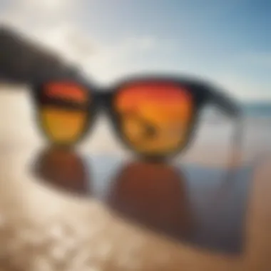 Colorful surf sunglasses with mirrored lenses reflecting ocean waves