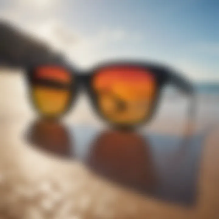 Colorful surf sunglasses with mirrored lenses reflecting ocean waves