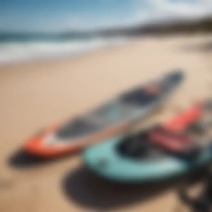 Close-up of high-quality kiteboarding gear laid out on a sandy beach with crystal clear waters in the background