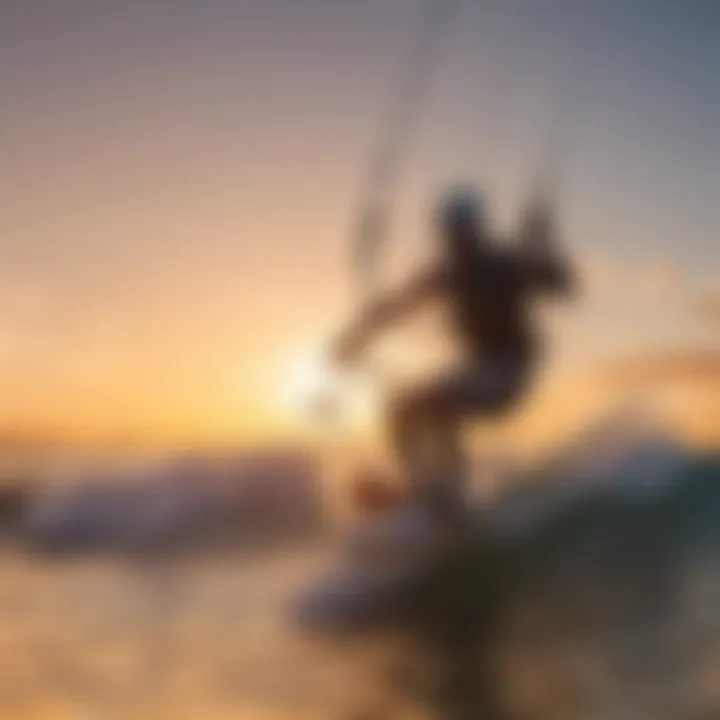 Spectacular sunset view of a kiteboarder carving the waves with skill and precision