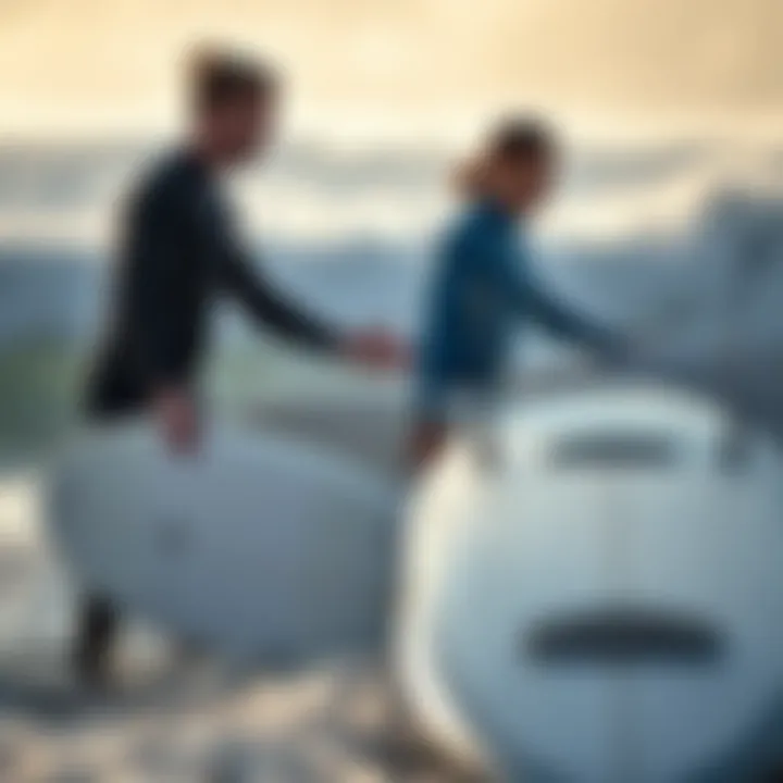 Instructor Supporting Beginner Surfers with Soft Boards Instructor guiding novice surfers using soft surf boards