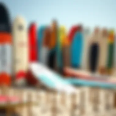 Diverse Selection of Soft Surf Boards Variety of soft surf boards lined up on the beach