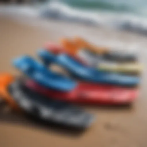 A selection of bodyboarding fins in various colors and designs.