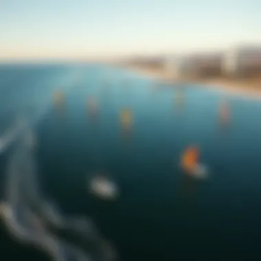 Aerial view of kitesurfers enjoying the coastline