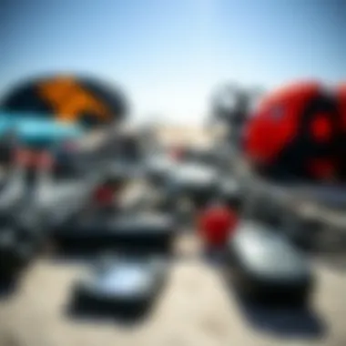 Close-up of kitesurfing gear laid out for a lesson